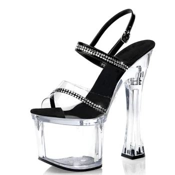 Летние новые пикантные женские босоножки на высоком квадратном каблуке 18 см, для вечеринки в ночном клубе, для танцев на шесте, босоножки на платформе с ремешками, обувь
