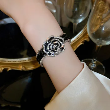 Модный браслет с цветком Камелии FYUAN, Женские Черные браслеты-цепочки с кристаллами, свадебные украшения для вечеринок