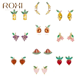 ROXI Copper, разноцветные фруктовые кристаллы Циркона, серьги-гвоздики для женщин, девочек, Прекрасные летние ювелирные серьги, Ананас, Персик, Вишня