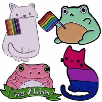 Кошка-лягушка с эмалированным флагом ЛГБТ-прайда, брошь для геев в виде радуги, ювелирные изделия, Булавки с местоимением 