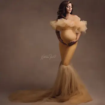 Золотое платье Русалки для беременных для фотосессии с открытыми плечами, Женский банный халат для выпускного вечера, Вечернее платье с оборками, Детский душ для беременных