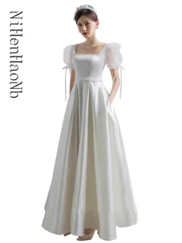 Белые атласные свадебные платья для невесты, Элегантное Летнее платье для вечерних гостей с пышными рукавами, женское вечернее платье, Вечерние платья