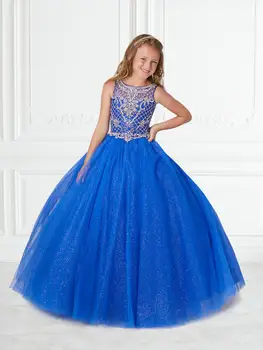 Королевские синие нарядные платья для девочек, Бальное Платье, Длинные Платья для девочек в цветочек из Тюля, расшитого бисером, для Свадеб, Детские Детские Пачки