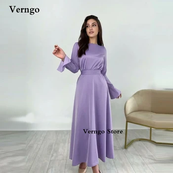 Verngo, Простые Фиолетовые Шелковые Атласные вечерние платья, скромный вырез лодочкой, Длинные рукава, длина по щиколотку, Арабские Женские вечерние платья для выпускного вечера