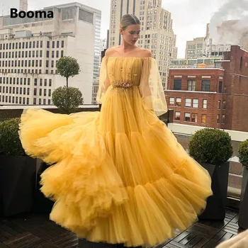 Booma/ Желтые платья для выпускного вечера с открытыми плечами, длинные рукава, многоуровневые тюлевые Длинные вечерние платья Трапециевидной формы с расшитой бисером талией, вечерние платья для вечеринок