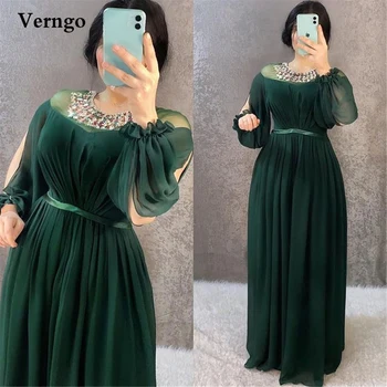 Verngo Изумрудно-Зеленое шифоновое вечернее платье с пышными длинными рукавами и круглым вырезом, женские платья для выпускного вечера с цветными кристаллами, большие размеры вечерних платьев