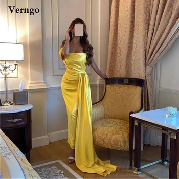 Verngo 2021 Ярко-желтые атласные платья для выпускного вечера с открытыми плечами, без бретелек, длиной до щиколоток, Вечерние платья для вечеринок, Простое вечернее платье