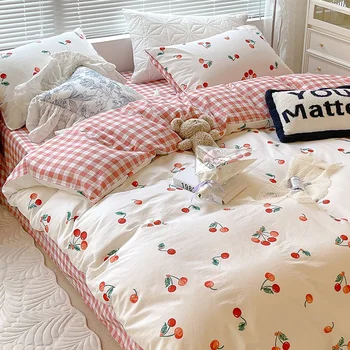 Комплект постельного белья Kawaii Cherry Hearts Для дома Из хлопка Twin Full Queen Size, Милая Двуспальная Кровать, Встроенная Простыня, Наволочки, Пододеяльник