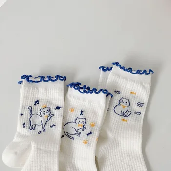 Женские носки с героями мультфильмов, Летние тонкие сетчатые носки-трубки, Белые Милые японские Носки с милым котом