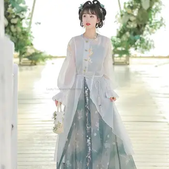 женское Модифицированное платье Hanfu в китайском стиле, Повседневная юбка Hanfu с цельной талией, Летняя Современная традиционная китайская одежда Hanfu