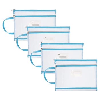 4 шт. Сетчатая сумка на молнии, Полупрозрачная сумка для документов формата А4, папки для файлов формата А4, сетчатая папка на молнии синего цвета