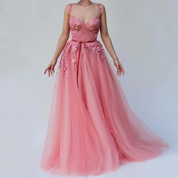 Элегантные вечерние платья, Розовые аппликации на тонких бретельках, цветы, Тюлевое платье Трапециевидной формы с открытой спиной, вечернее платье для выпускного