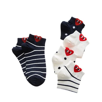 Милые Носки-лодочки с рисунком красного Сердца, Женские Дышащие Короткие Носки с 3D Ушками, Забавные Носки до щиколотки в Полоску, Простые Студенческие хлопчатобумажные Носки