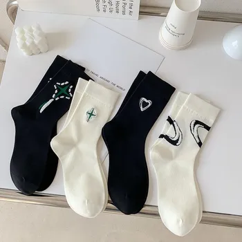 Женские хлопчатобумажные носки с вышивкой крестом, черные, белые, персонализированные, Трендовые, модные, Универсальные, простые женские носки-трубочки A104