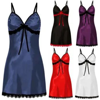 Женская Сексуальная Одежда для сна, Кружевное Шелковое Атласное ночное платье, Ночные рубашки без рукавов, ночная рубашка с V-образным вырезом, Пижама Больших размеров