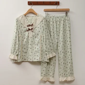 Пижама из чистого хлопка Fdfklak, женский весенне-осенний повседневный костюм, Брюки, Домашняя одежда, Пижамный комплект из двух предметов с цветочным принтом