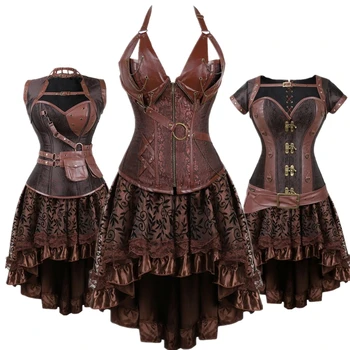 Костюм Пирата, Готическое нижнее белье-бюстье, Сексуальное винтажное женское платье-корсет с коричневой асимметричной кружевной юбкой
