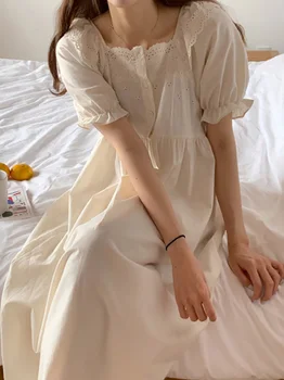 Корейское ночное платье Kawaii Lounge, Летняя Новинка, Милая Девушка, Хлопковая кружевная домашняя рубашка с коротким рукавом, Пижамы Викторианской принцессы