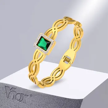 Браслеты-манжеты из зеленого Квадратного камня Vnox, Браслеты для женщин, Шикарный золотой Полый браслет из нержавеющей стали, ювелирные изделия