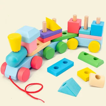 Детские деревянные конструкторы, Мультяшные игрушки для детей, Геометрическая форма, Познавательные развивающие игрушки Монтессори для детей