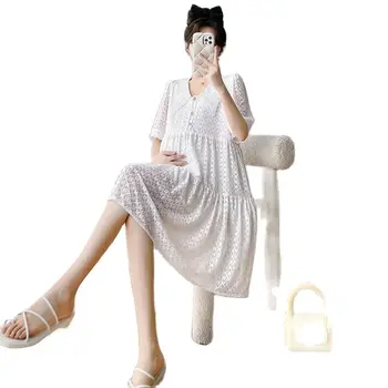 Кружевное платье для беременных в корейском стиле, белое платье с коротким рукавом, V-образный вырез, отложной воротник, платье для беременных длиной до колен, модная одежда