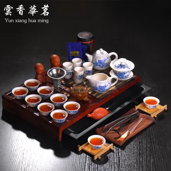 Чайный сервиз кунг-фу весь набор чайников из синего и белого фарфора керамический чайник чайный поднос из цельного дерева чайная церемония