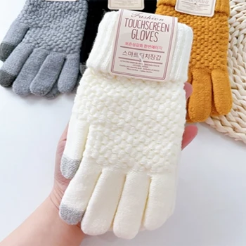 Женские перчатки, перчатки с сенсорным экраном, теплые эластичные вязаные варежки, осень-зима, имитация шерсти, Рукавицы на полный палец, Утолщенные перчатки