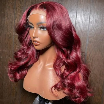 99j Бордовые кружевные парики спереди для женщин, объемный волнистый парик, Винно-красный Прозрачный кружевной Фронтальный парик, предварительно выщипанный из детских волос