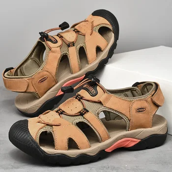 Новая мужская повседневная обувь, уличная походная пляжная обувь, легкие дышащие противоскользящие прочные римские сандалии из натуральной воловьей кожи