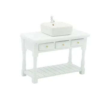 Деревянный стол для мини-домика с выдвижным ящиком, Развивающая мебель, Пейзаж, Белый набор для ванной комнаты, реалистичный реквизит, кухонная раковина