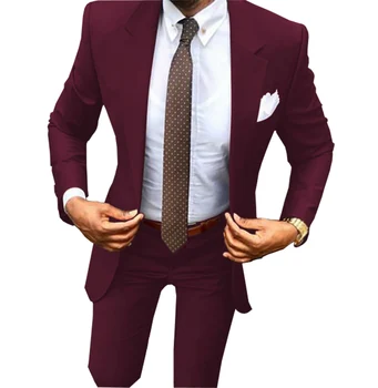 Модные Бордовые Мужские костюмы Slim Fit, смокинги для выпускного вечера из 2 предметов, Классический Вырез с лацканами, Свадебные Костюмы для жениха/вечеринки (блейзер + брюки), новинка 2020