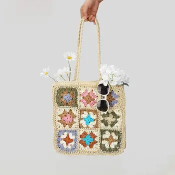 2023 Винтажная Решетчатая соломенная сумка ручной работы в этническом стиле, сшитая с цветочным узором, праздничная сумка через плечо