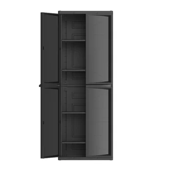 Пластиковый шкаф для гаражного хранения с 4 полками, черного цвета