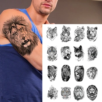 Наклейка с временной татуировкой Льва, тигра, модного волка, водонепроницаемого животного, для боди-арта, на руку, поддельная съемная татуировка, мужская, женская индивидуальность
