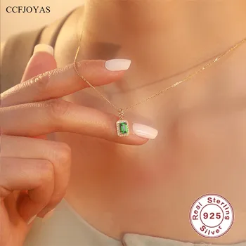CCFJOYAS, Стерлинговое серебро 925 Пробы, Винтажное ожерелье с квадратной подвеской из зеленого Циркона для женщин, 18-каратное Позолоченное Ретро-ожерелье, изысканные ювелирные изделия